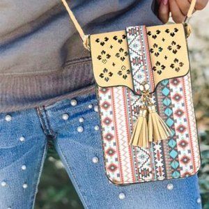 Aztec Southwestern tan-blue-red Touch Screen Cellphone Crossbody Bag NEW